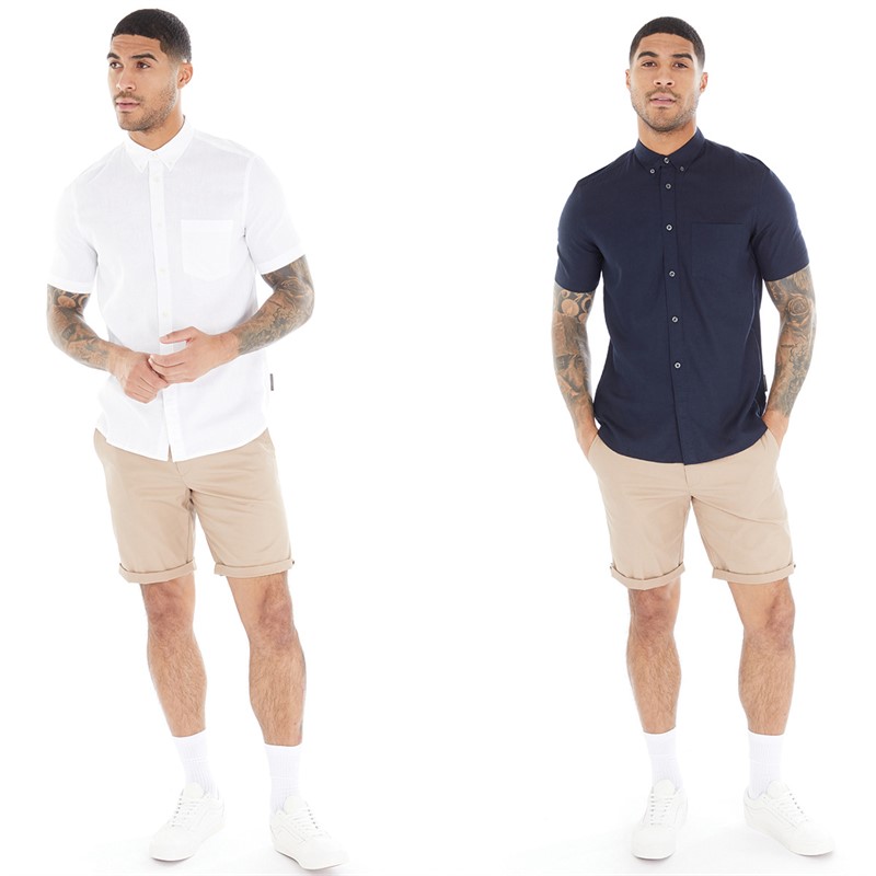 French Connection Mens Two Pack Short Sleeve Linen Shirts White/Marine