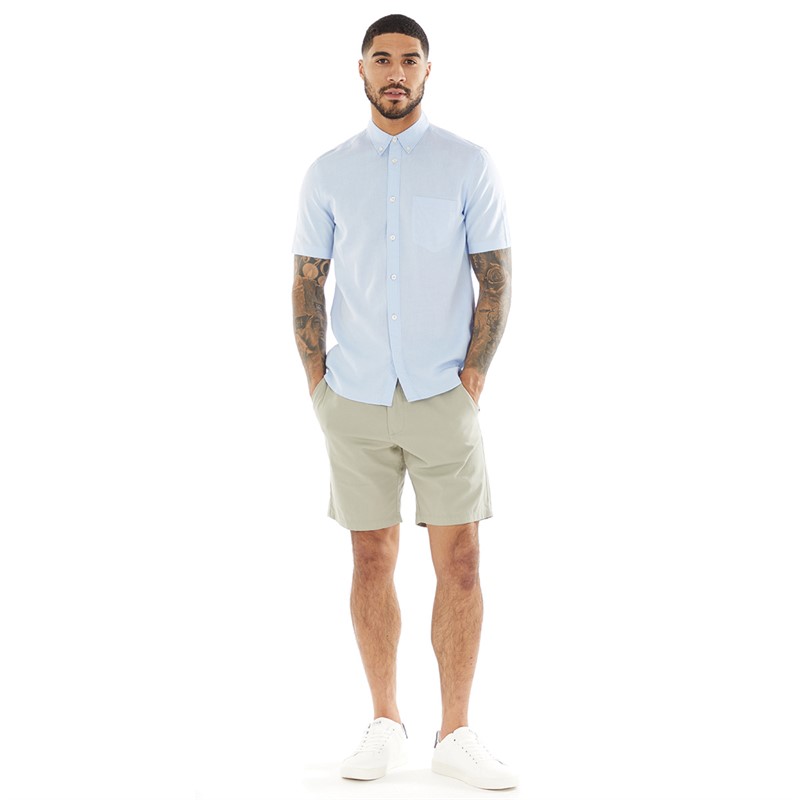 French Connection Mens Short Sleeve Linen Shirt Soft Blue
