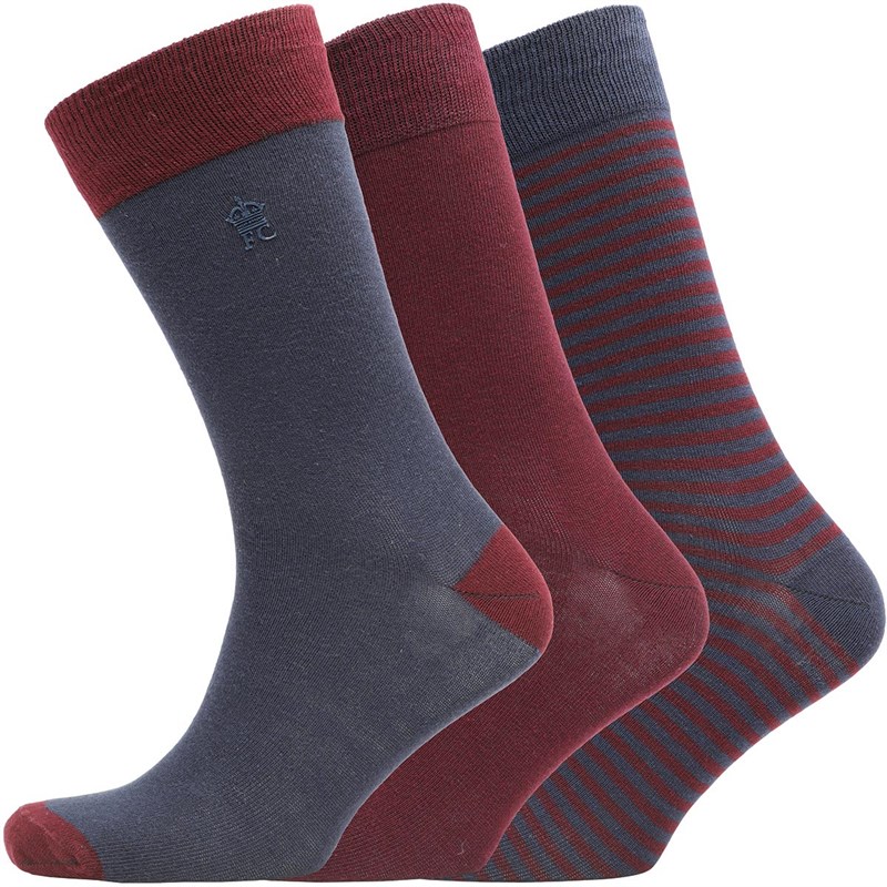 Buy French Connection Mens FC Three Pack Socks Stripe Marine/Chateaux