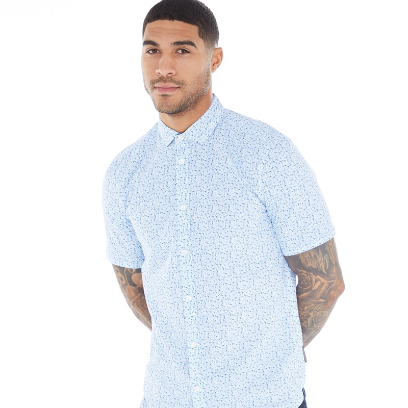 French Connection Mens Patterned Short Sleeve Shirt Flora Blue