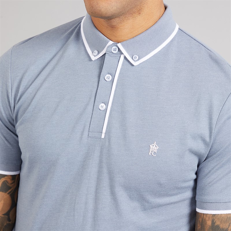 French Connection Mens Piping Polo Shirt Light Blue Mel/White