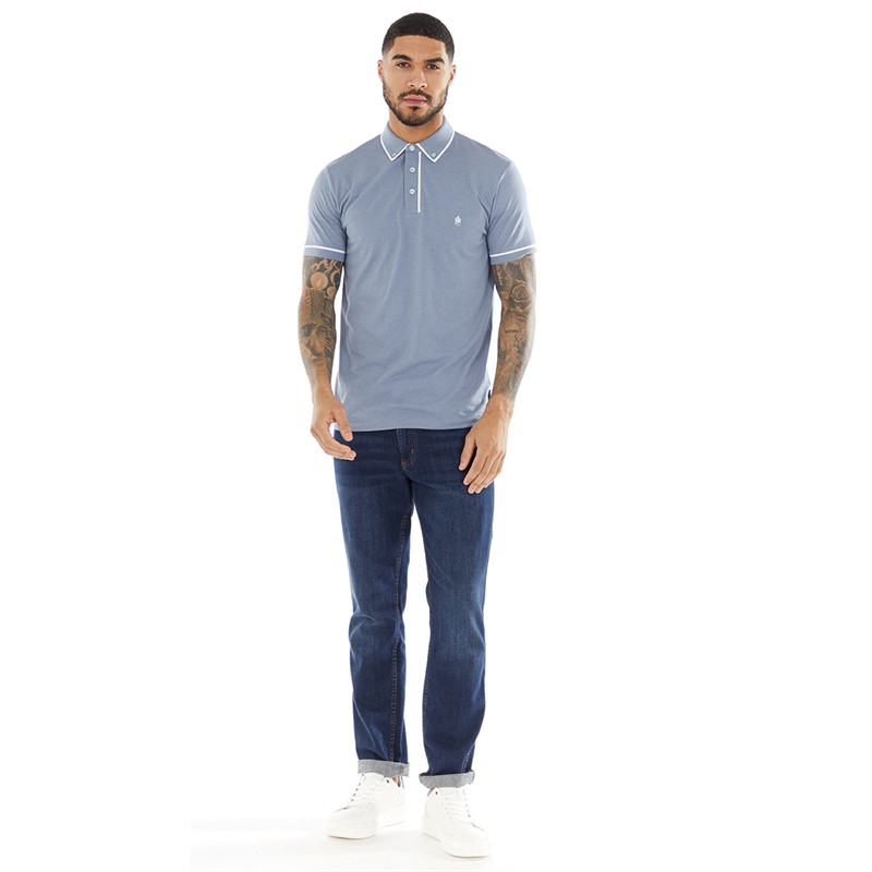 French Connection Mens Piping Polo Light Blue Mel/White
