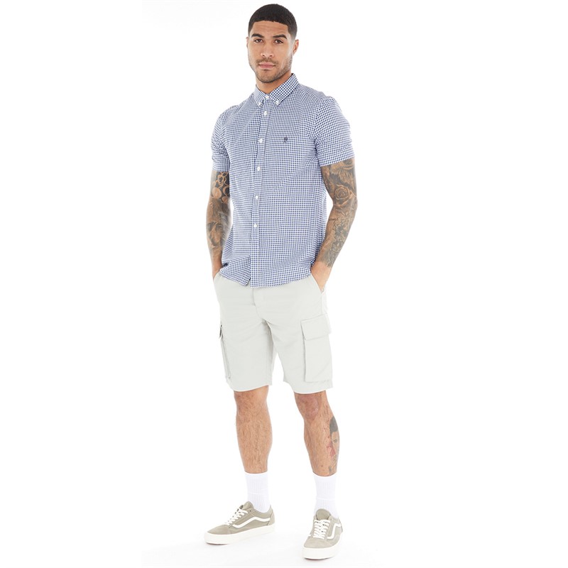 French Connection Mens Gingham Short Sleeve Shirt Mid Blue Gingham/Marine Logo