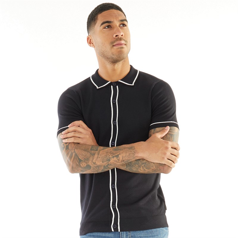 Buy French Connection Mens Short Sleeve Lux Tipped Button Jumper Marine Ecru