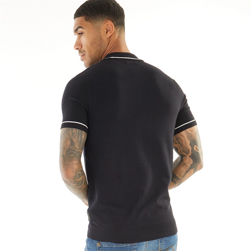 French Connection Mens Short Sleeve Lux Tipped Button Jumper Marine/Ecru