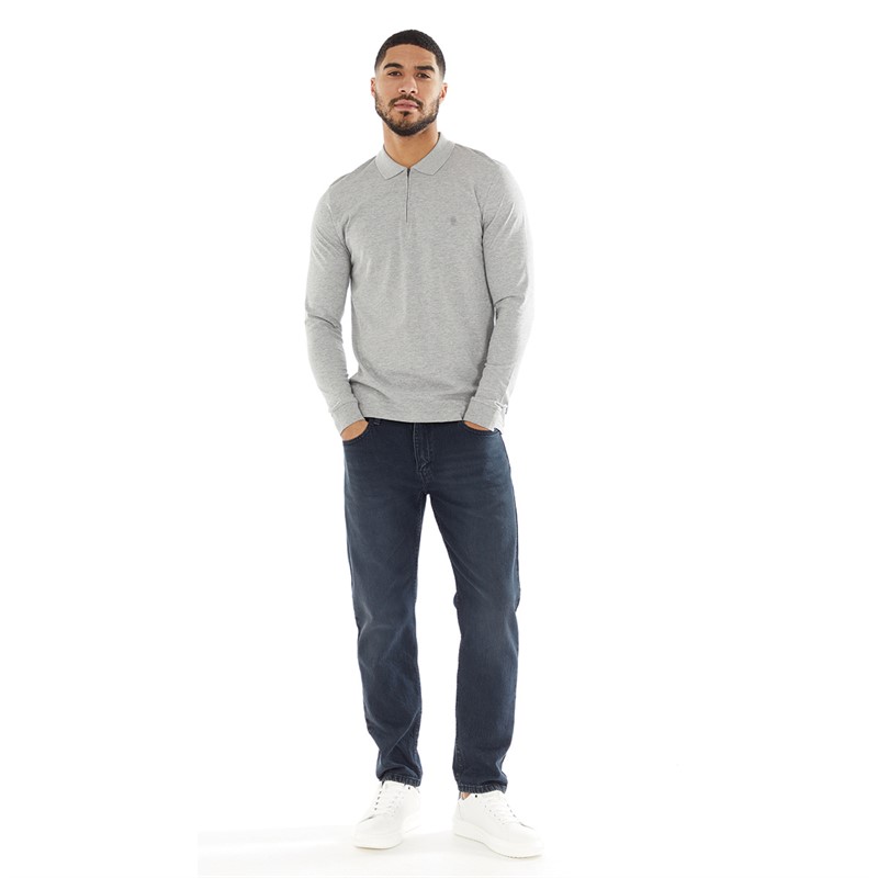 French Connection Mens Jersey Zip Long Sleeve Polo Light Grey Mel