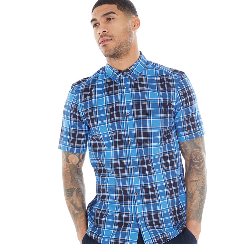 French Connection Mens Checked Short Sleeve Shirt Blue/Grey