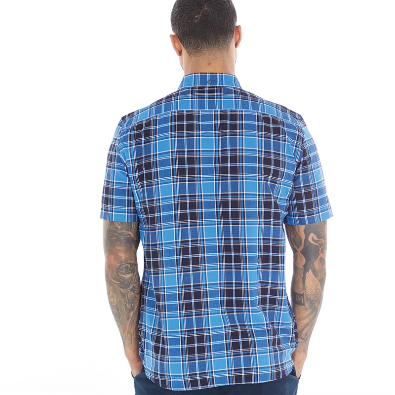 French Connection Mens Checked Short Sleeve Shirt Blue/Grey