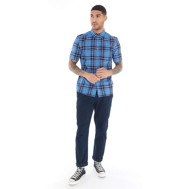 French Connection Mens Checked Short Sleeve Shirt Blue/Grey