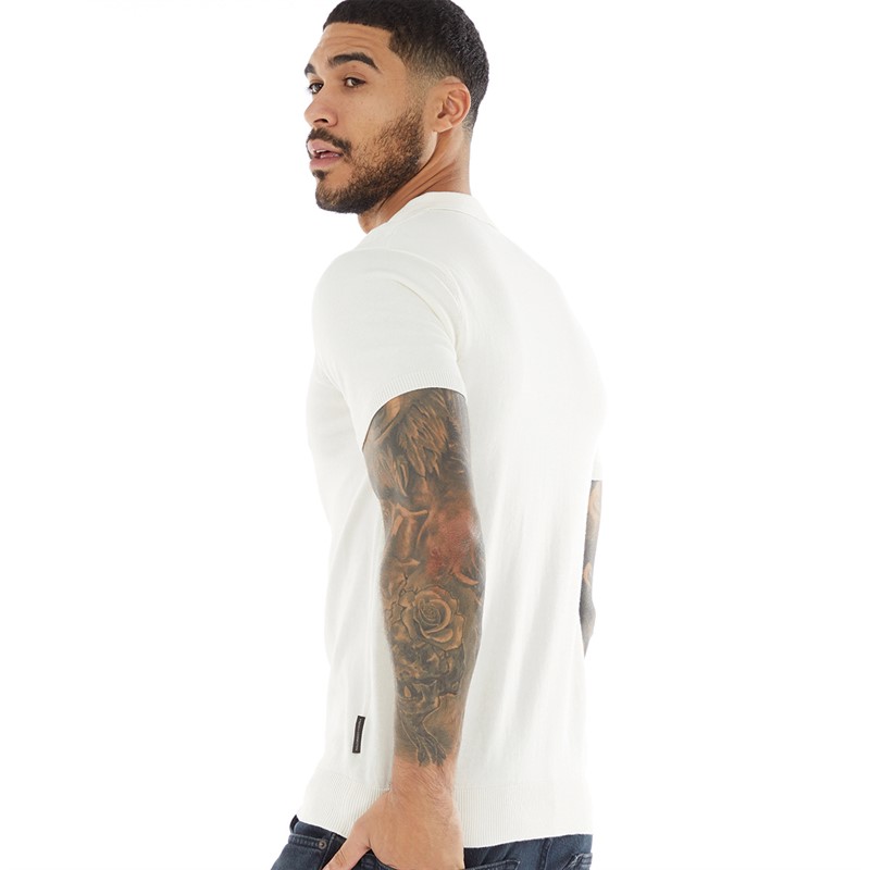 French Connection Mens Short Sleeve Cotton Zip Knit Polo Shirt Ecru