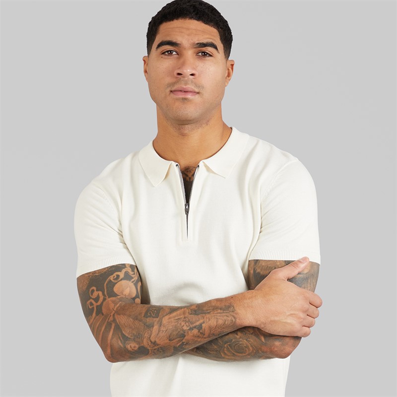 French Connection Mens Short Sleeve Cotton Zip Knit Polo Shirt Ecru