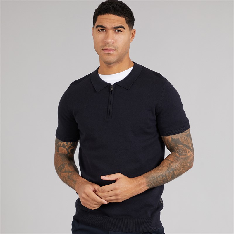 French Connection Mens Short Sleeve Cotton Zip Knit Polo Shirt Marine