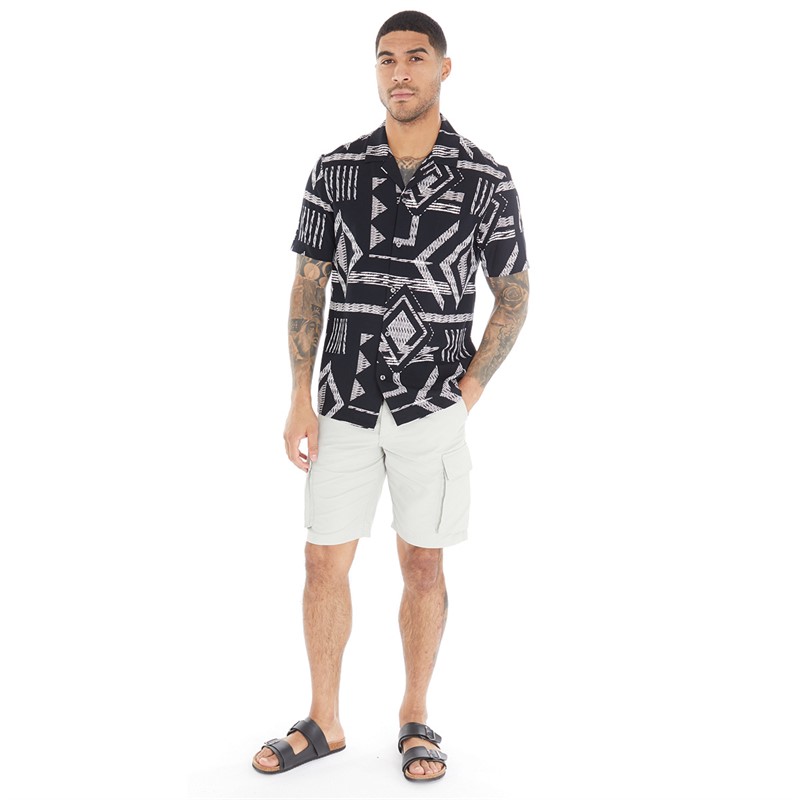 French Connection Mens Tribe Viscose Short Sleeve Shirt Black