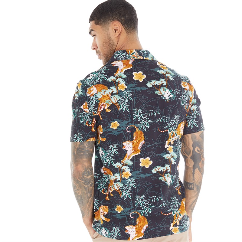 French Connection Mens Tiger Bamboo Short Sleeve Shirt Black