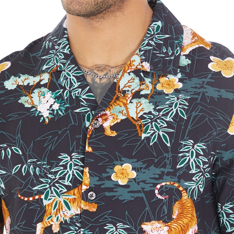 French Connection Mens Tiger Bamboo Short Sleeve Shirt Black