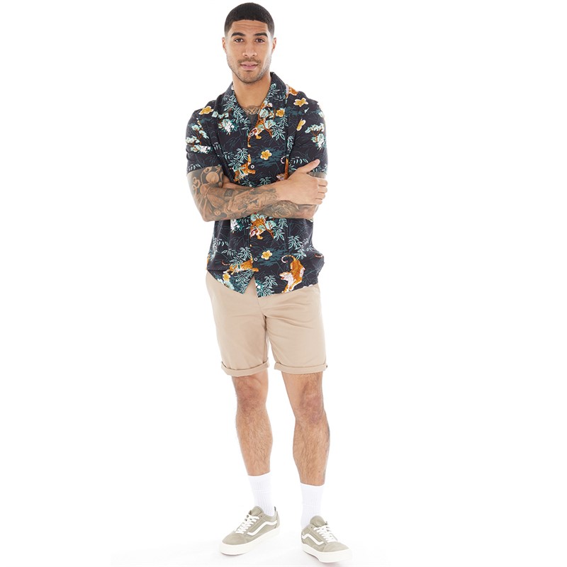 French Connection Mens Tiger Bamboo Short Sleeve Shirt Black