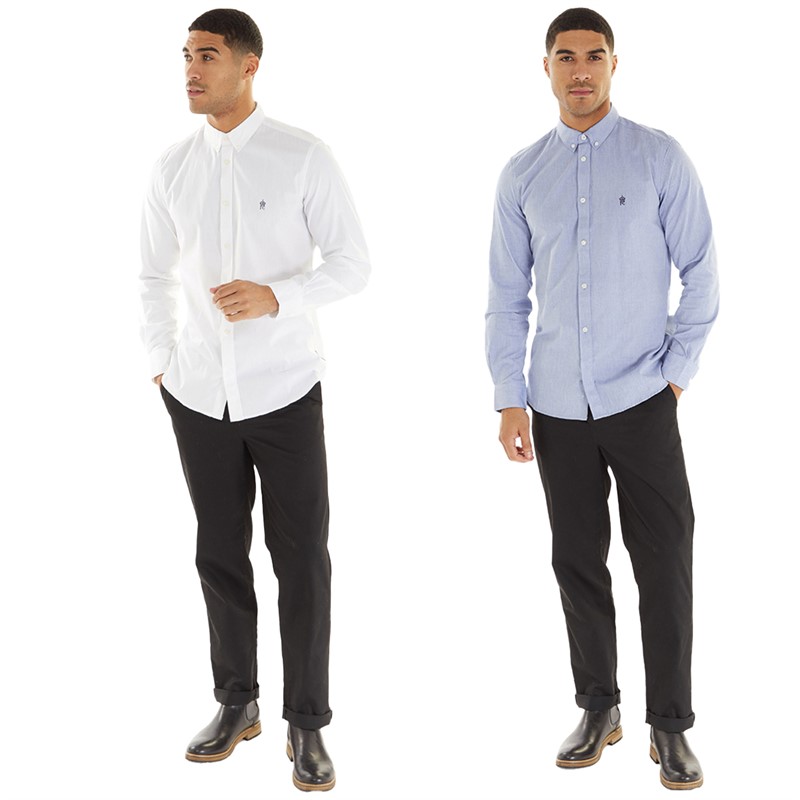 French Connection Mens Two Pack Long Sleeve Oxford Shirts White/Mid Blue
