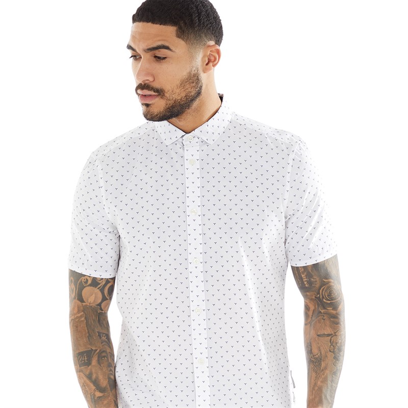 French Connection Mens Patterned Short Sleeve Shirt Mitsu White