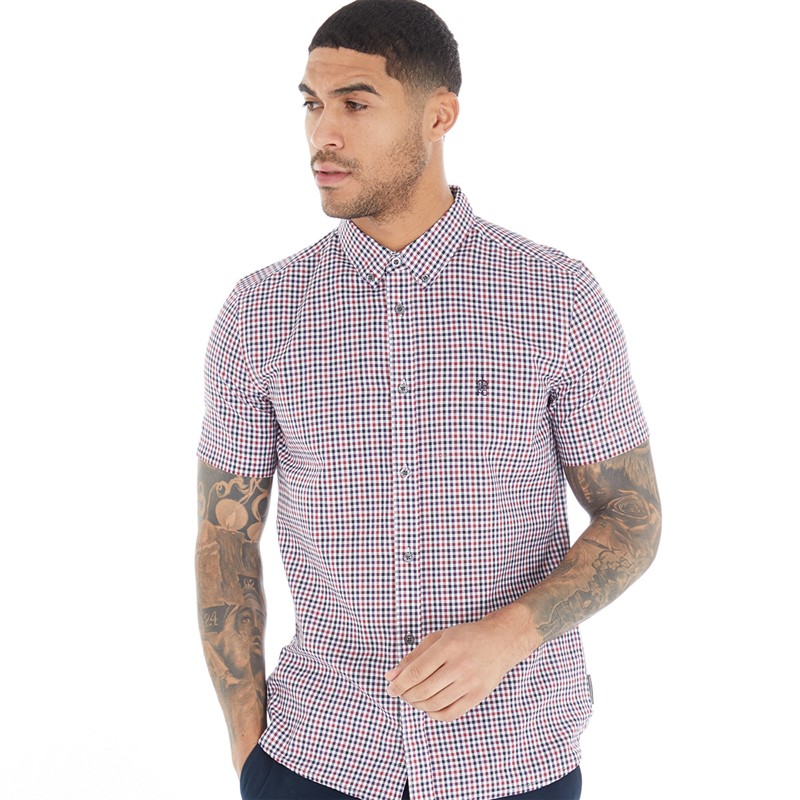 French Connection Mens Gingham Short Sleeve Shirt Rvm Gingham/Marine Logo