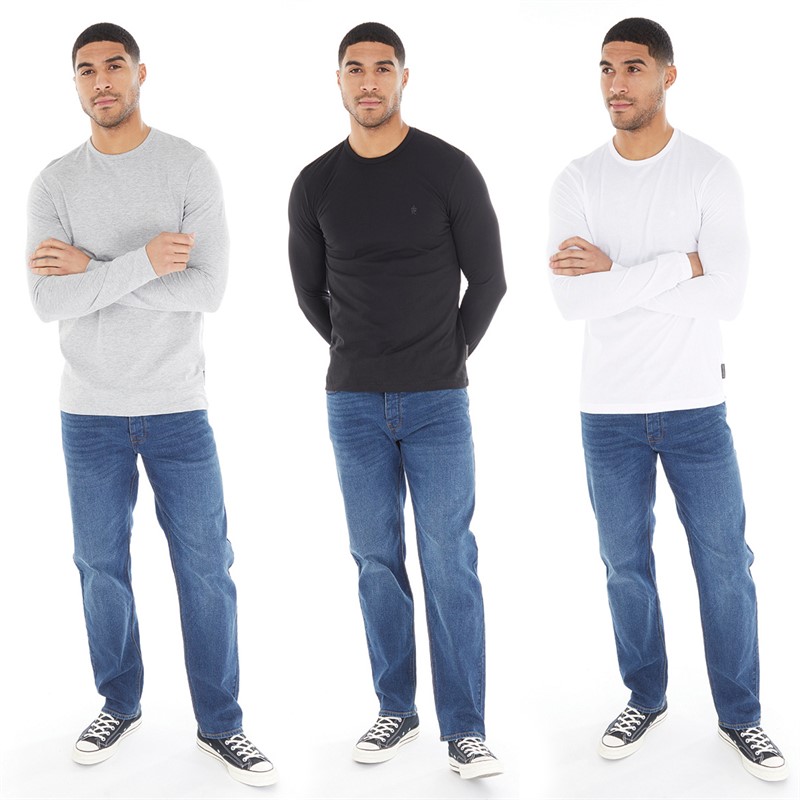 French Connection Mens Three Pack Crew Neck Long Sleeve Tops Multi 3 - Black/White/Light Grey Marl
