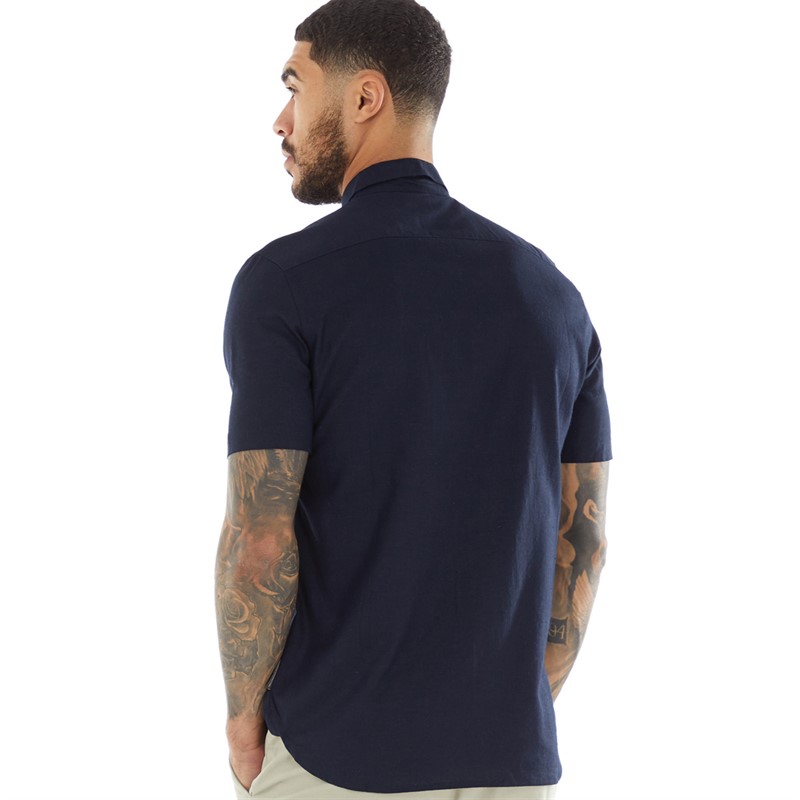 French Connection Mens Short Sleeve Linen Shirt Marine