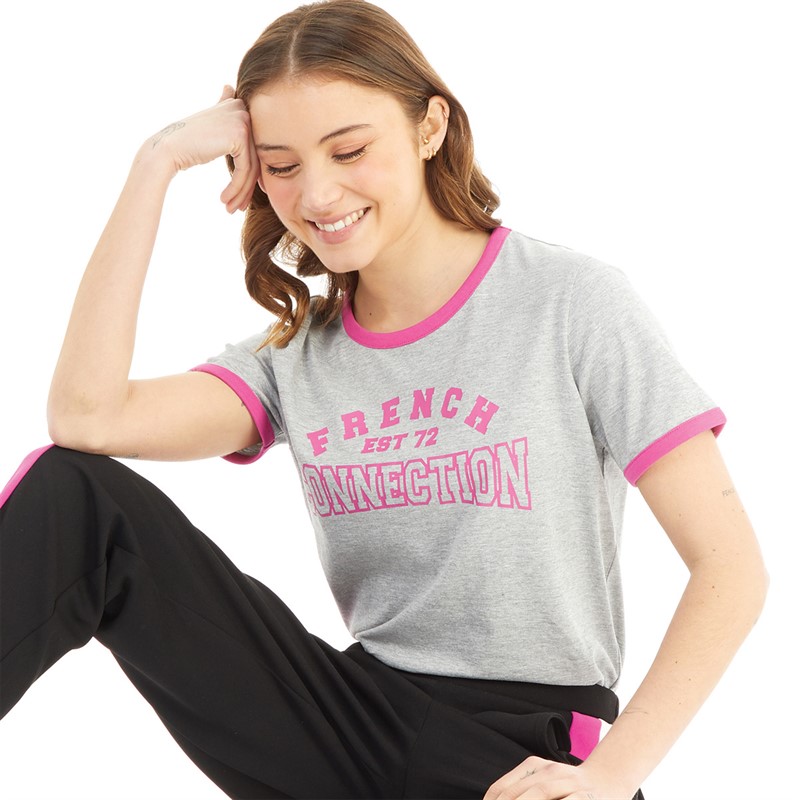 French Connection Womens FC Ringer Collegiate T-Shirt Light Grey Melange/Wild Rosa