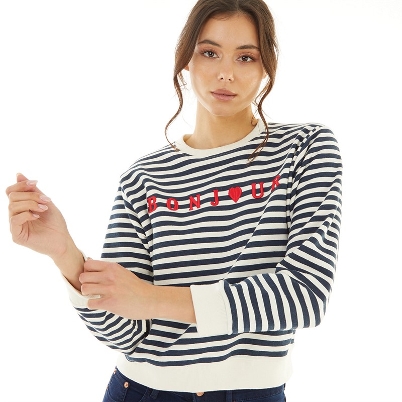 Buy French Connection Womens Stripe Emb Bonjour Boxy Sweatshirt Dark Navy White Poppy