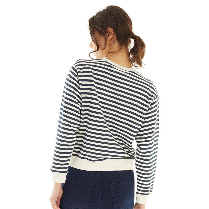 French Connection Womens Stripe Emb Bonjour Boxy Sweatshirt Dark Navy/White/Poppy