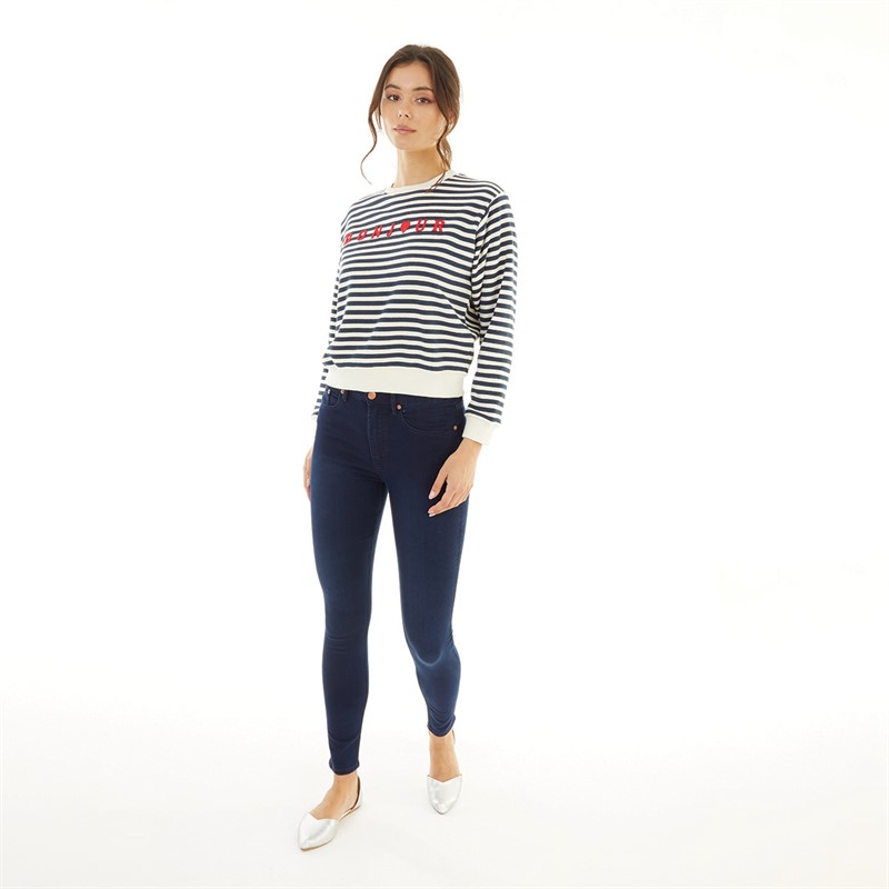 French Connection Womens Stripe Emb Bonjour Boxy Sweatshirt Dark Navy/White/Poppy