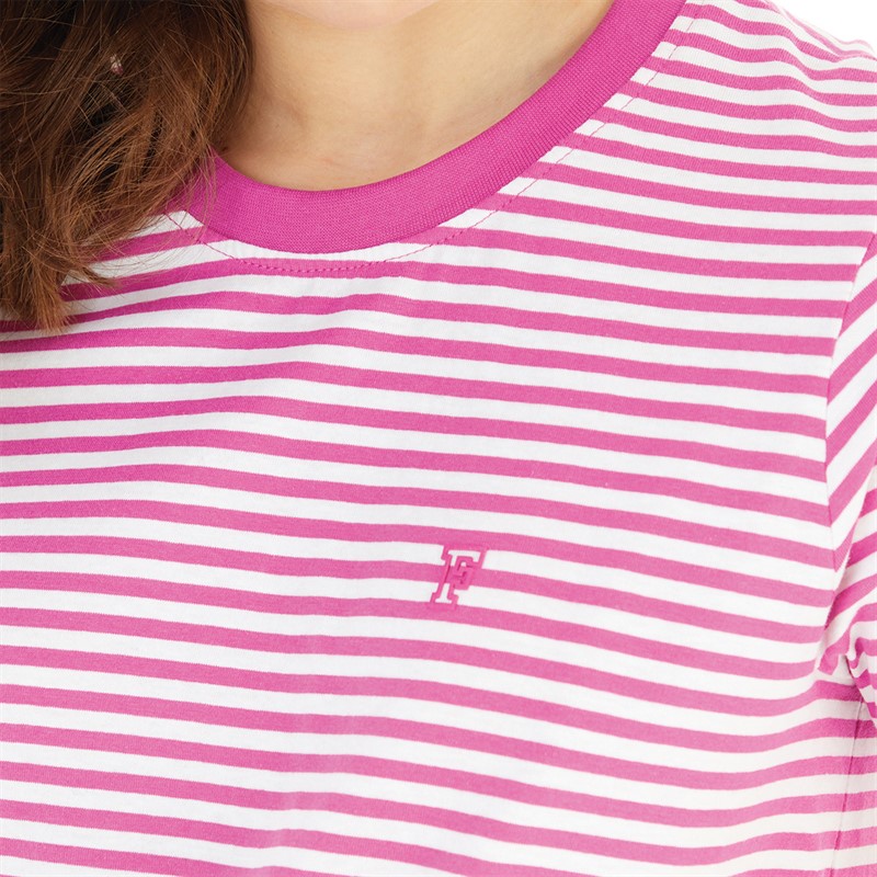 French Connection Womens Crew Stripe T-Shirt Wild Rosa/White