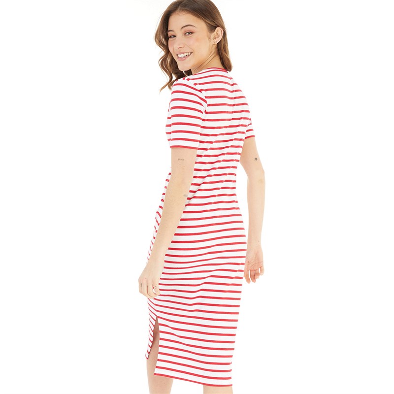 French Connection Womens Stripe Rib Midi Dress Poppy/White