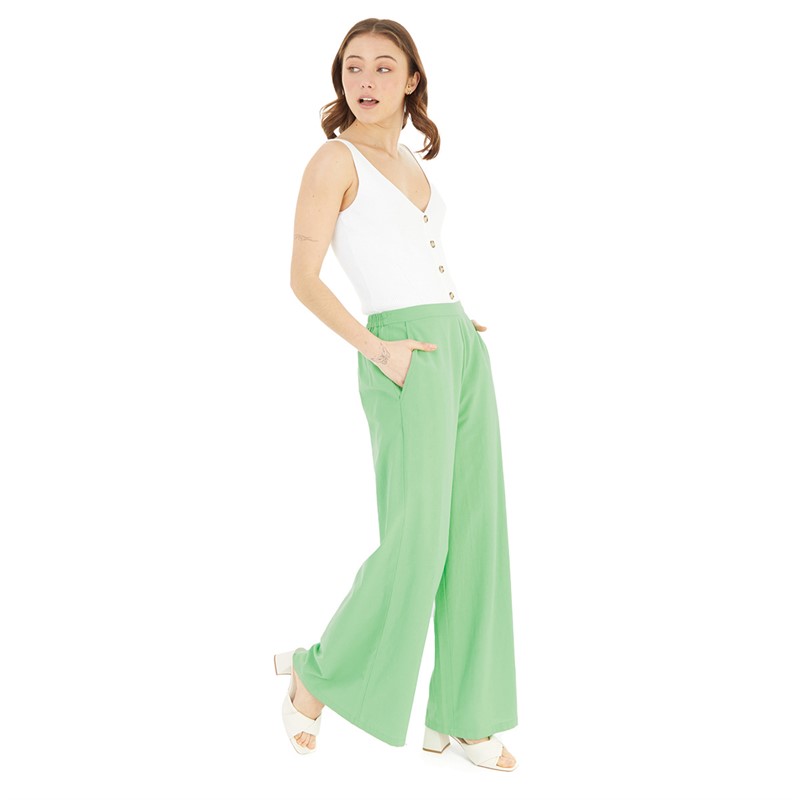 French Connection Womens Wide Leg Linen Trousers Poise Green