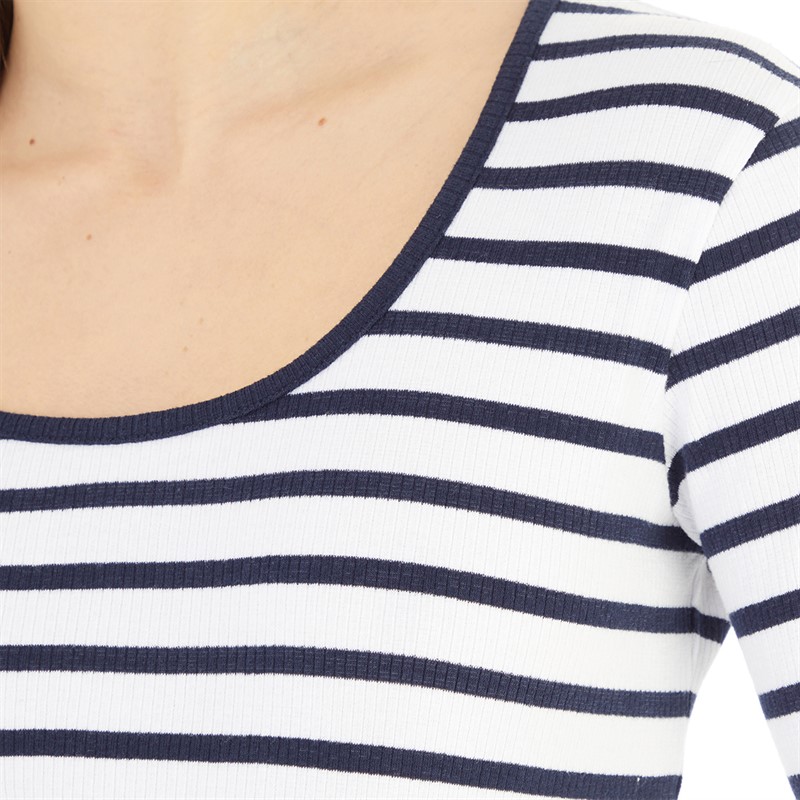 French Connection Womens Scoop Long Sleeve Stripe Rib Top Dark Navy/White