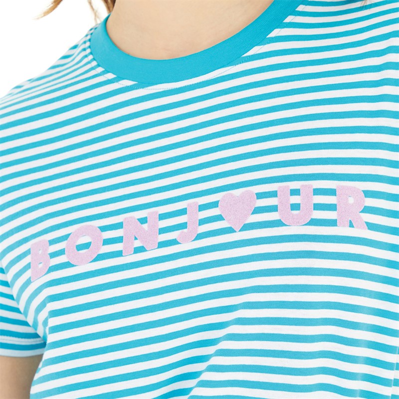 French Connection Womens Bonjour Stripe T-Shirt Peacock/White/Lilac