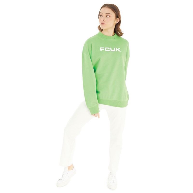 French Connection Womens FCUK Oversized Sweatshirt Poise Green/White