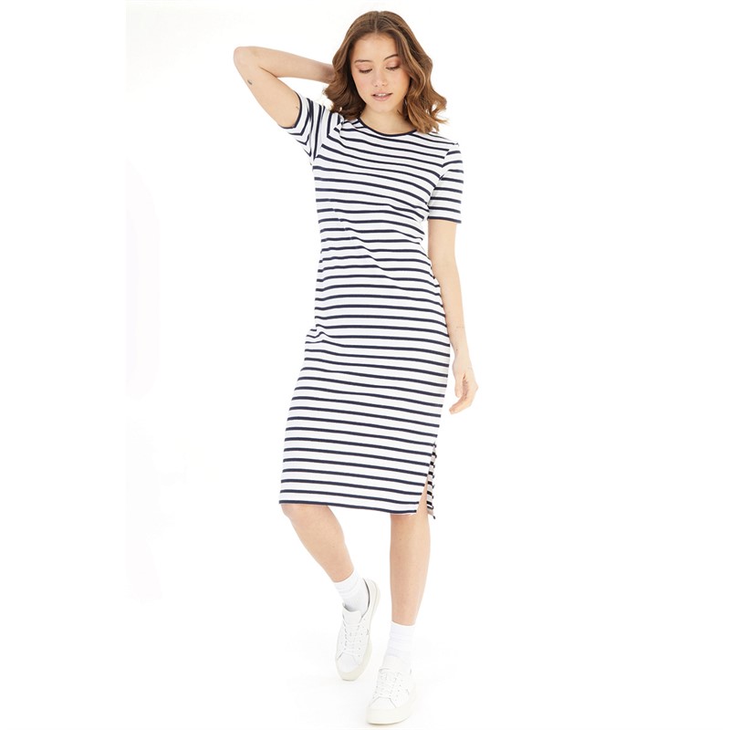 French Connection Womens Stripe Rib Midi Dress Dark Navy/White
