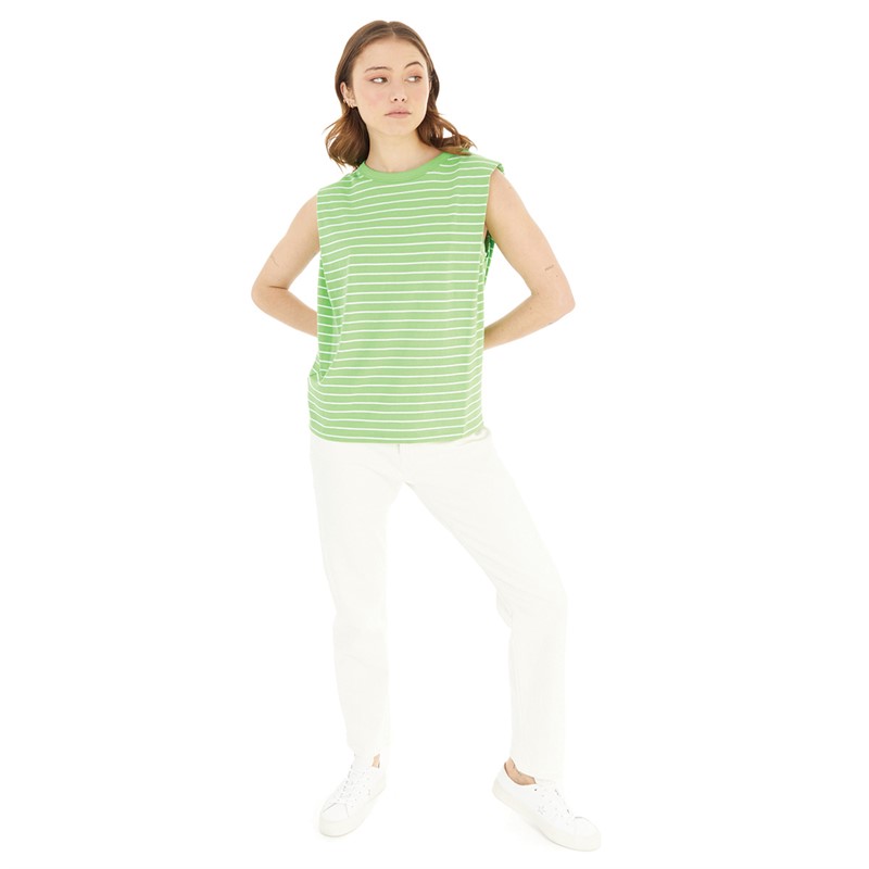 French Connection Womens Padded Shoulder Stripe Tank Poise Green/White