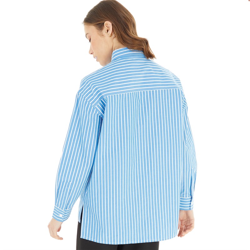 French Connection Womens Long Sleeve Stripe Shirt Bright Blue/White