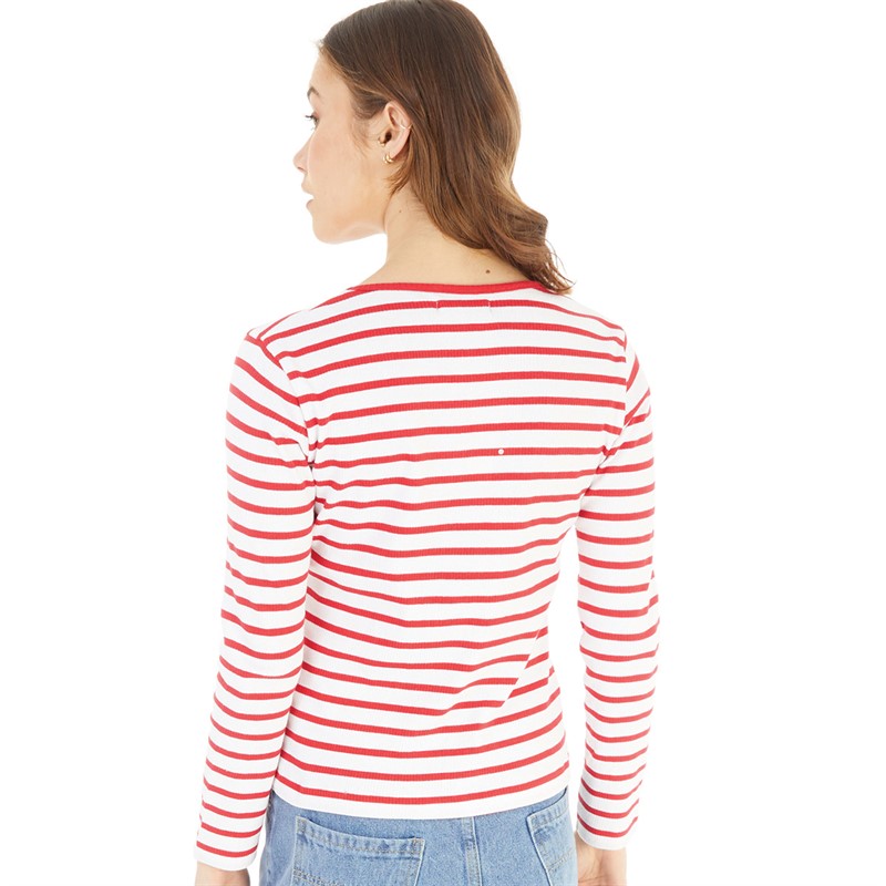 French Connection Womens Scoop Long Sleeve Stripe Rib Top Poppy/White