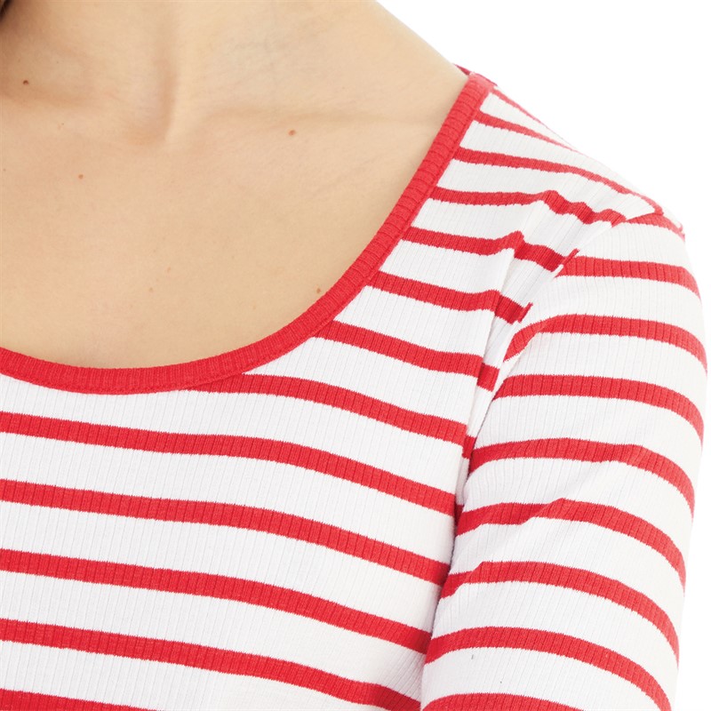 French Connection Womens Scoop Long Sleeve Stripe Rib Top Poppy/White