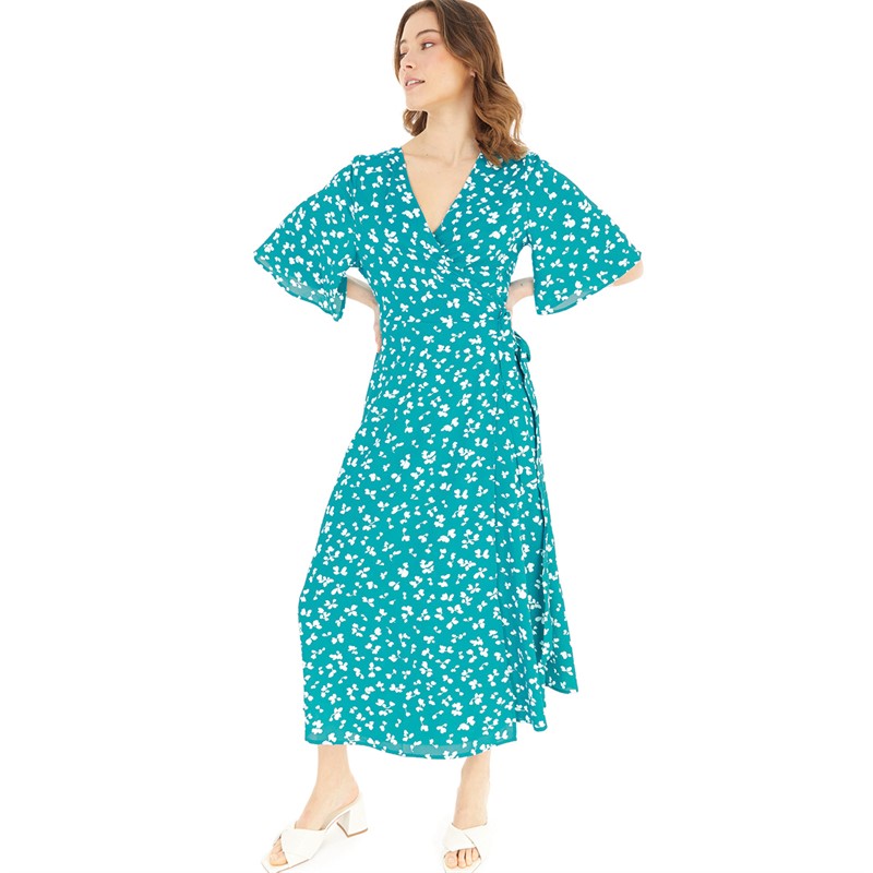 French Connection Womens Bonita Wrap Angel Long Dress Peacock/White