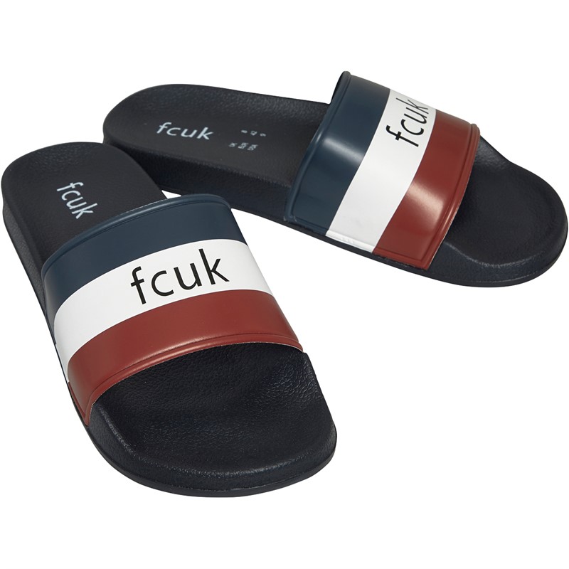 French Connection Mens FCUK Stripe Sliders Navy/White/Red