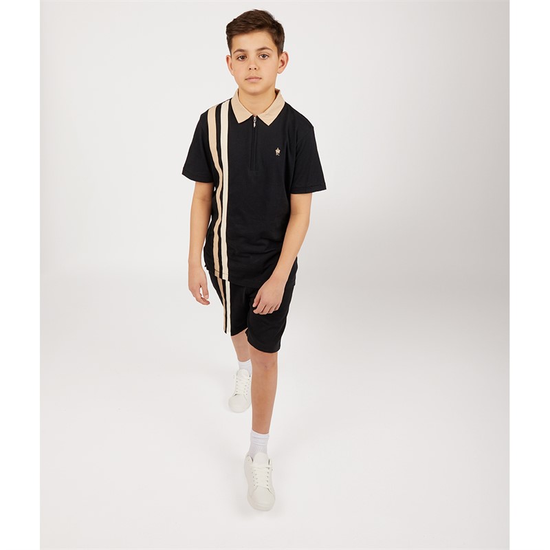 French Connection Boys Byline Short Sleeve Zip Polo And Shorts Set Marine/Sand/Stone