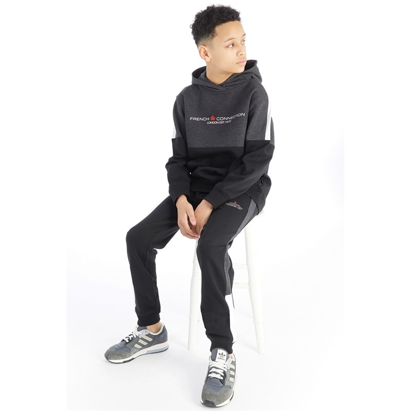 French Connection Boys Chopped Hoodie And Joggers Set Black/Charcoal Marl