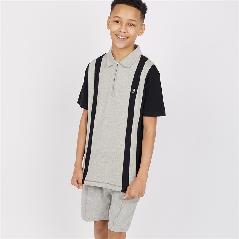French Connection Boys Court Short Sleeve Zip Polo And Shorts Set Light Grey Marl/Marine