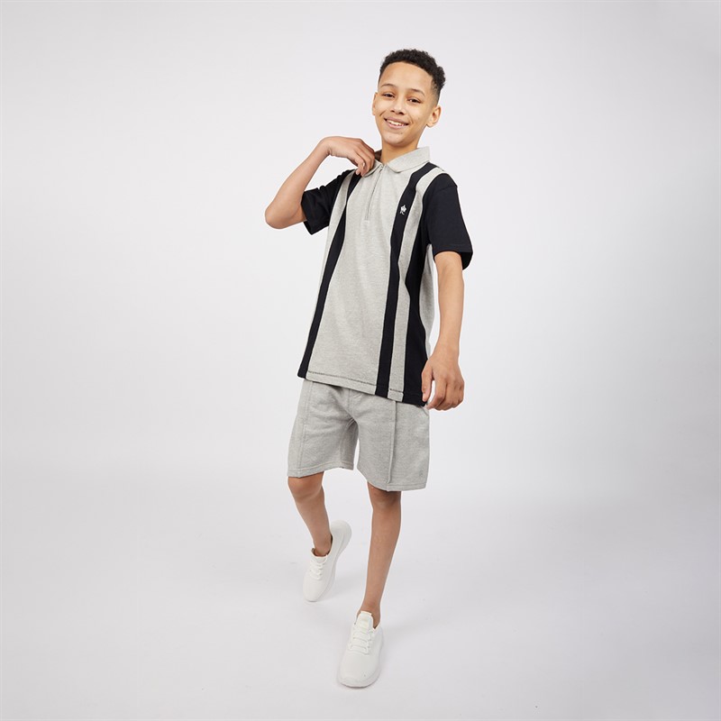 French Connection Boys Court Short Sleeve Zip Polo And Shorts Set Light Grey Marl/Marine