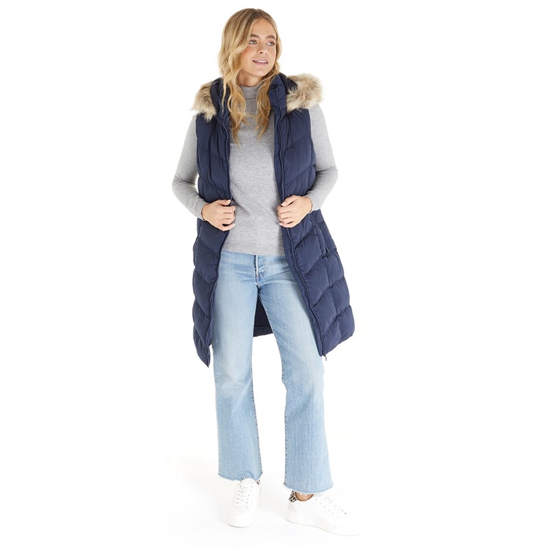 French Connection Womens Mid Length Chev Gilet With Fur Navy