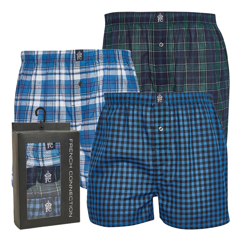 French Connection Heren Drie Pack Geweven Boxers Multi 8 - Blauw Wit Ruit/Marine Groen Ruit/Marine Blauw Ruit