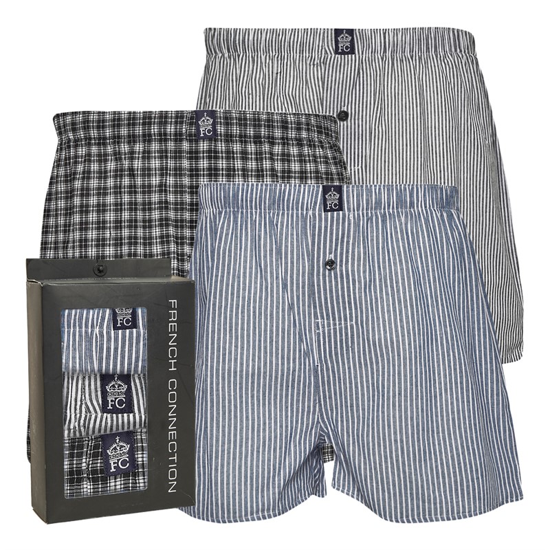 French Connection Heren 3-pack FC Geweven Boxers Multi 6 - Zwart Ruit/Zwart Streep/Blauw Witte Streep