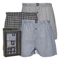 French Connection Mens Three Pack FC Woven Boxers Multi 6 - Black Check/Black Stripe/Blue White Stripe